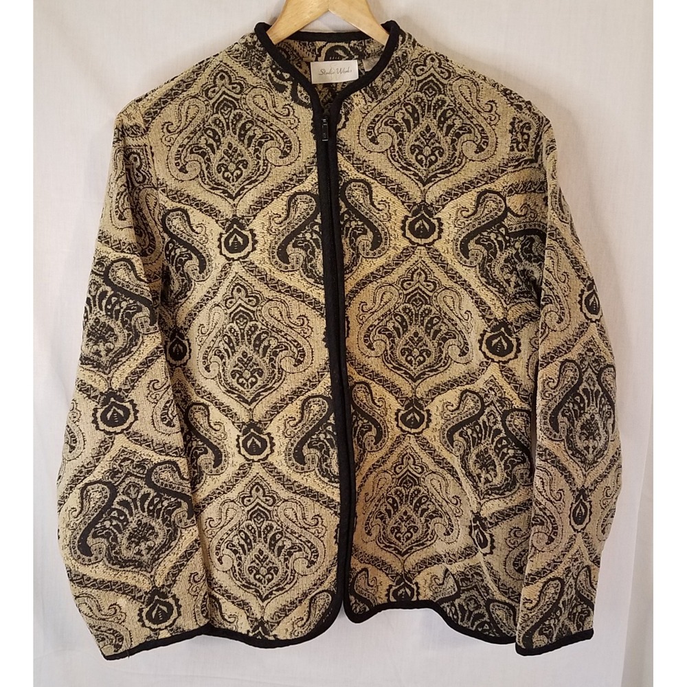 Studio Works Tapestry Jacket Large  Womens Tan Black Full Zip Art Deco Vtg Waist